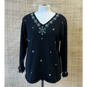 Vintage Arriviste Size Medium Bead Fringe Detail Pullover V-Neck Sweater